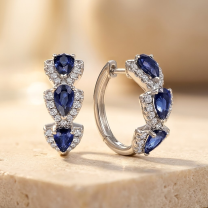 Silver Sapphire Halo Hoop Earrings