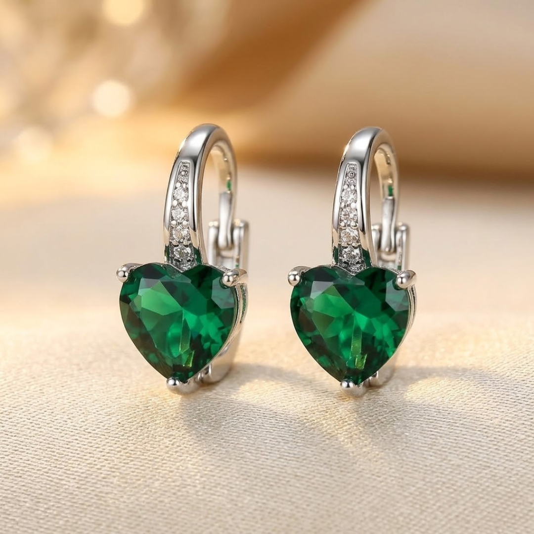 Silver Emerald Heart Hoop Earrings