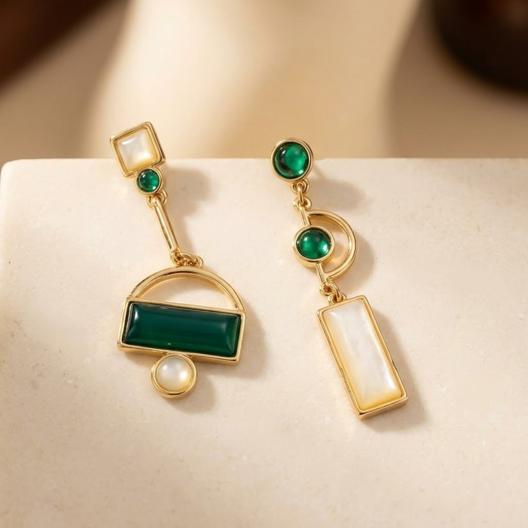 Gold Emerald Geometric Drop Earrings