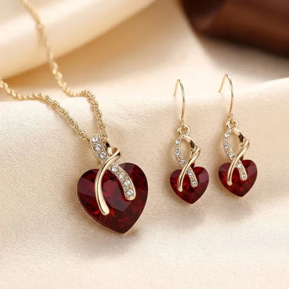 Gold Ruby Twisted Heart Jewelry Set