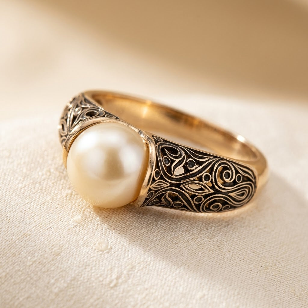 Gold Filigree Pearl Ring