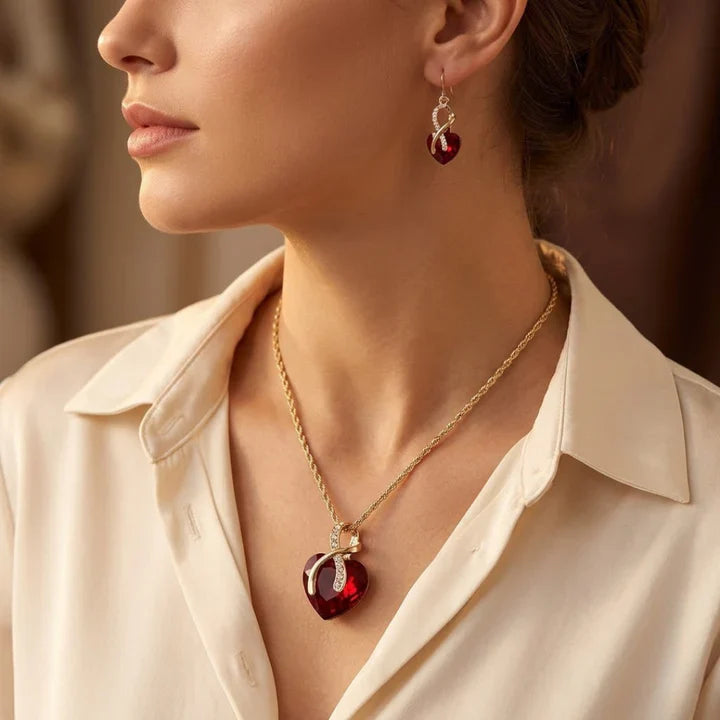 Gold Ruby Twisted Heart Jewelry Set