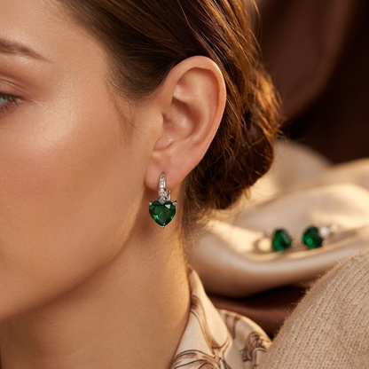 Silver Emerald Heart Hoop Earrings