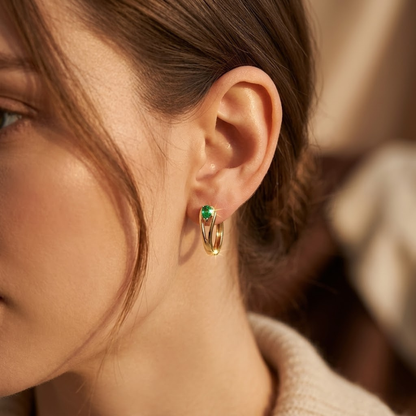 Gold Emerald Accent Hoop Earrings
