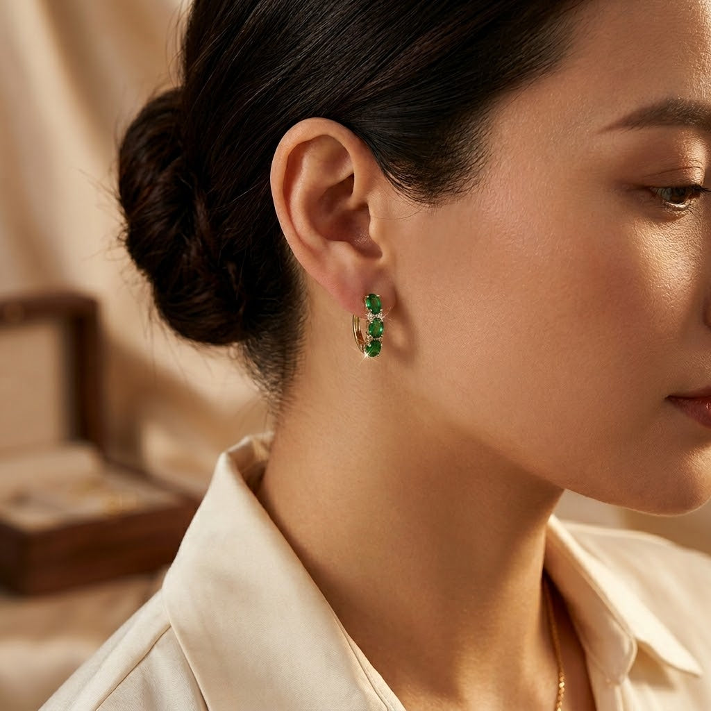 Gold Emerald Vertical Hoop Earrings