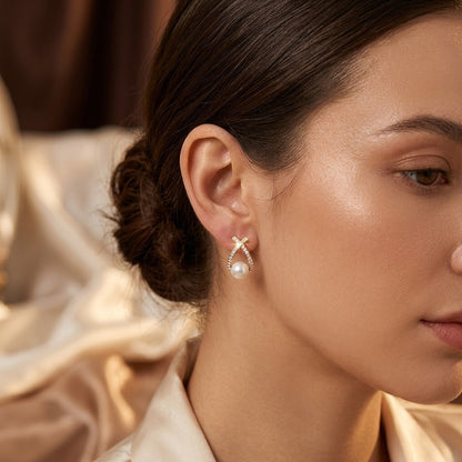Gold Crisscross Pearl Stud Earrings