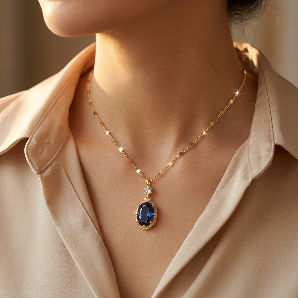 Gold Sapphire Oval Drop Necklace