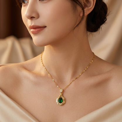 Gold Emerald Teardrop Pendant Necklace