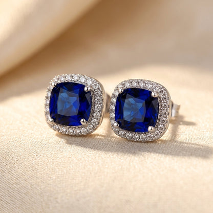 Silver Sapphire Halo Stud Earrings