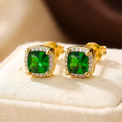 Gold Emerald Halo Stud Earrings