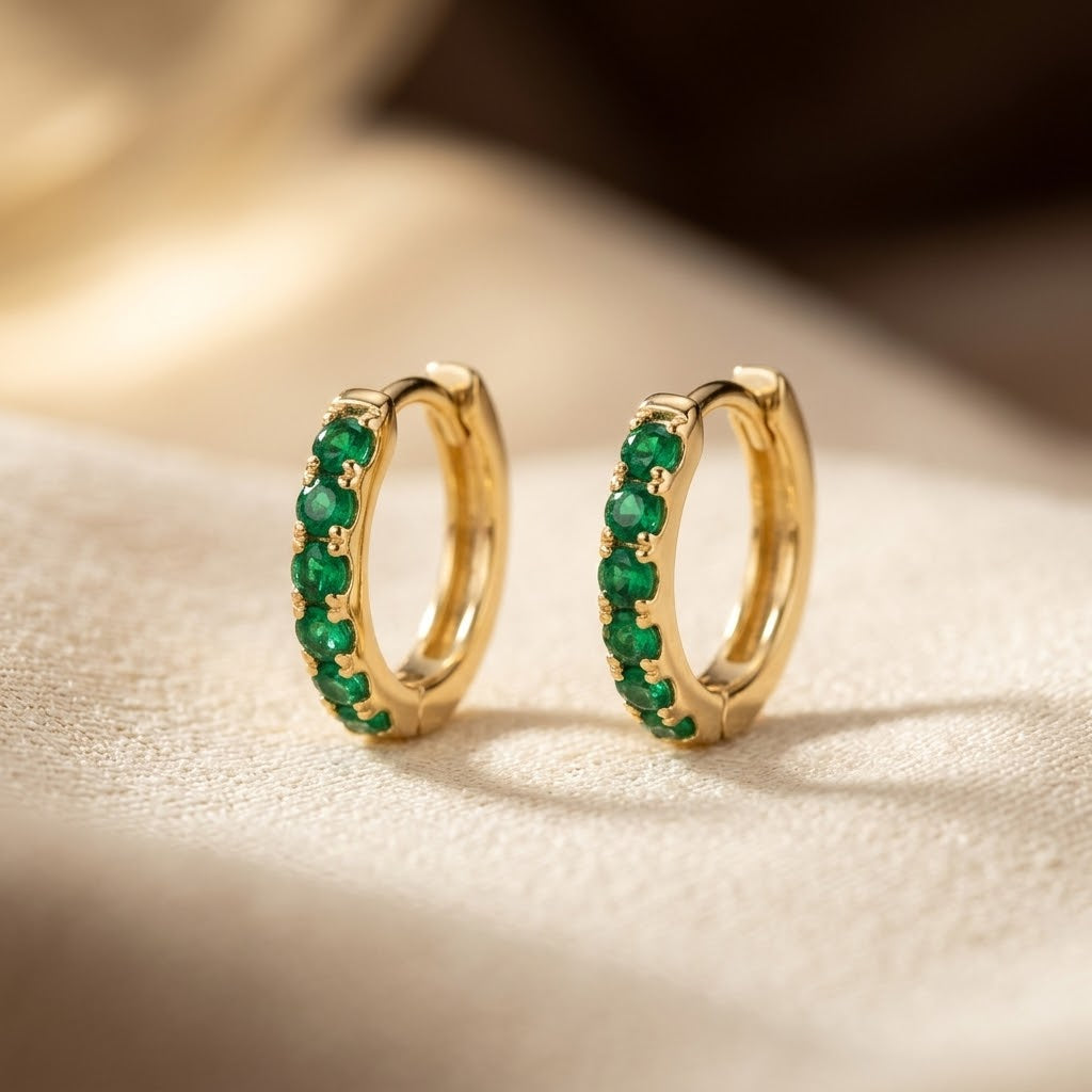 Gold Emerald Hoop Earrings