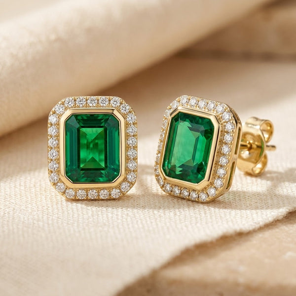 Gold Emerald Square Halo Stud Earrings