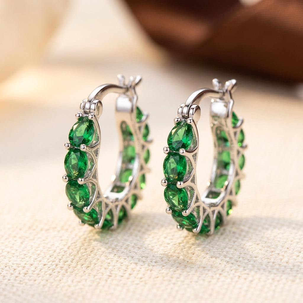 Gold Emerald Lattice Hoop Earrings