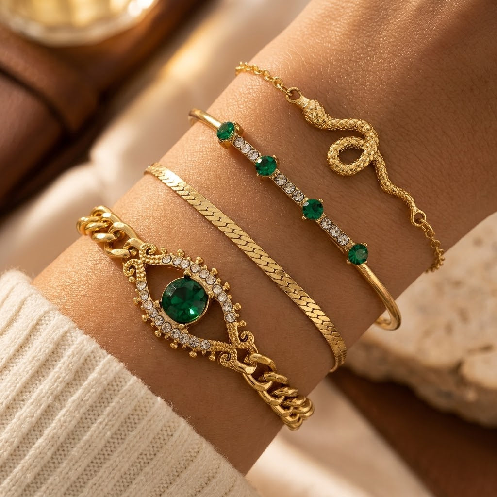 Gold Emerald Charm Bracelet Set
