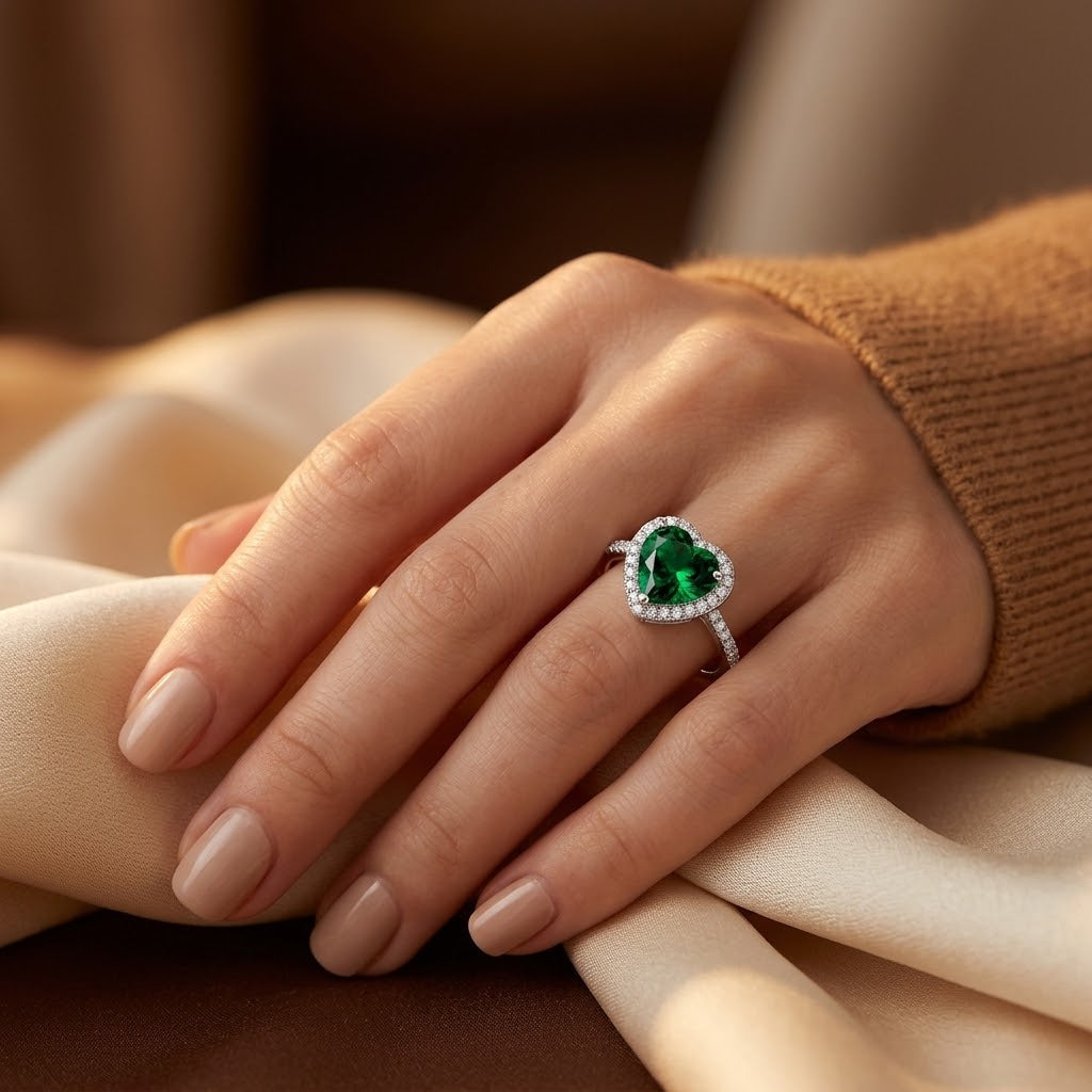 Silver Emerald Heart Halo Ring