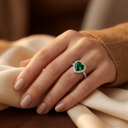 Silver Emerald Heart Halo Ring