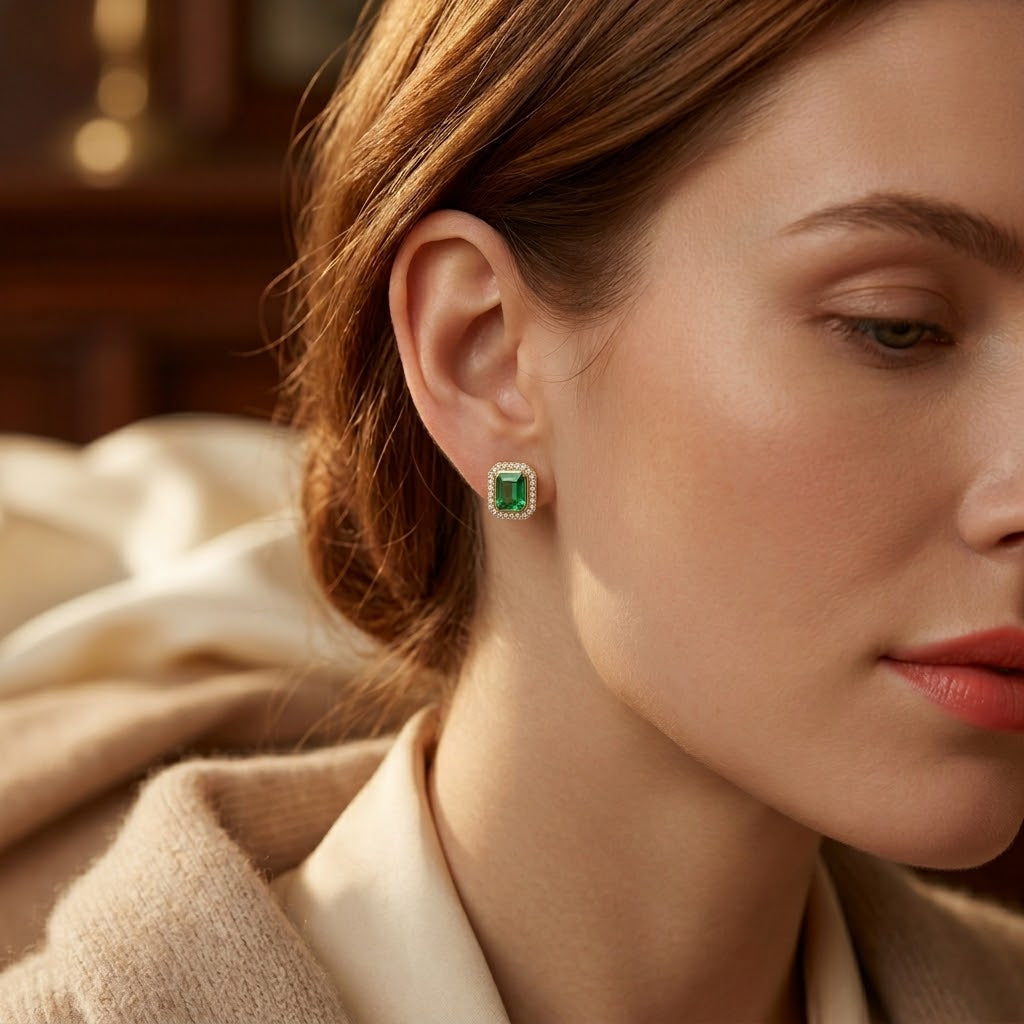 Gold Emerald Square Halo Stud Earrings