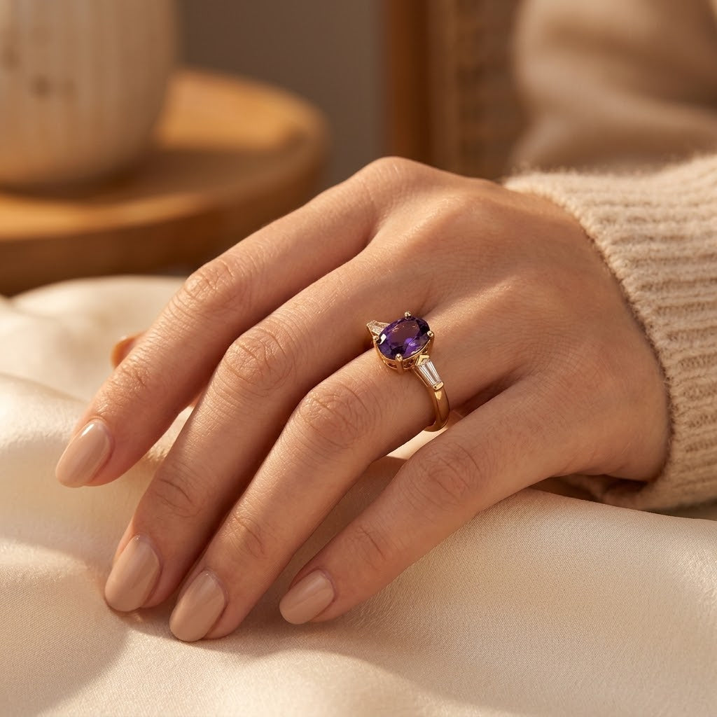 Gold Amethyst Three-Stone Ring