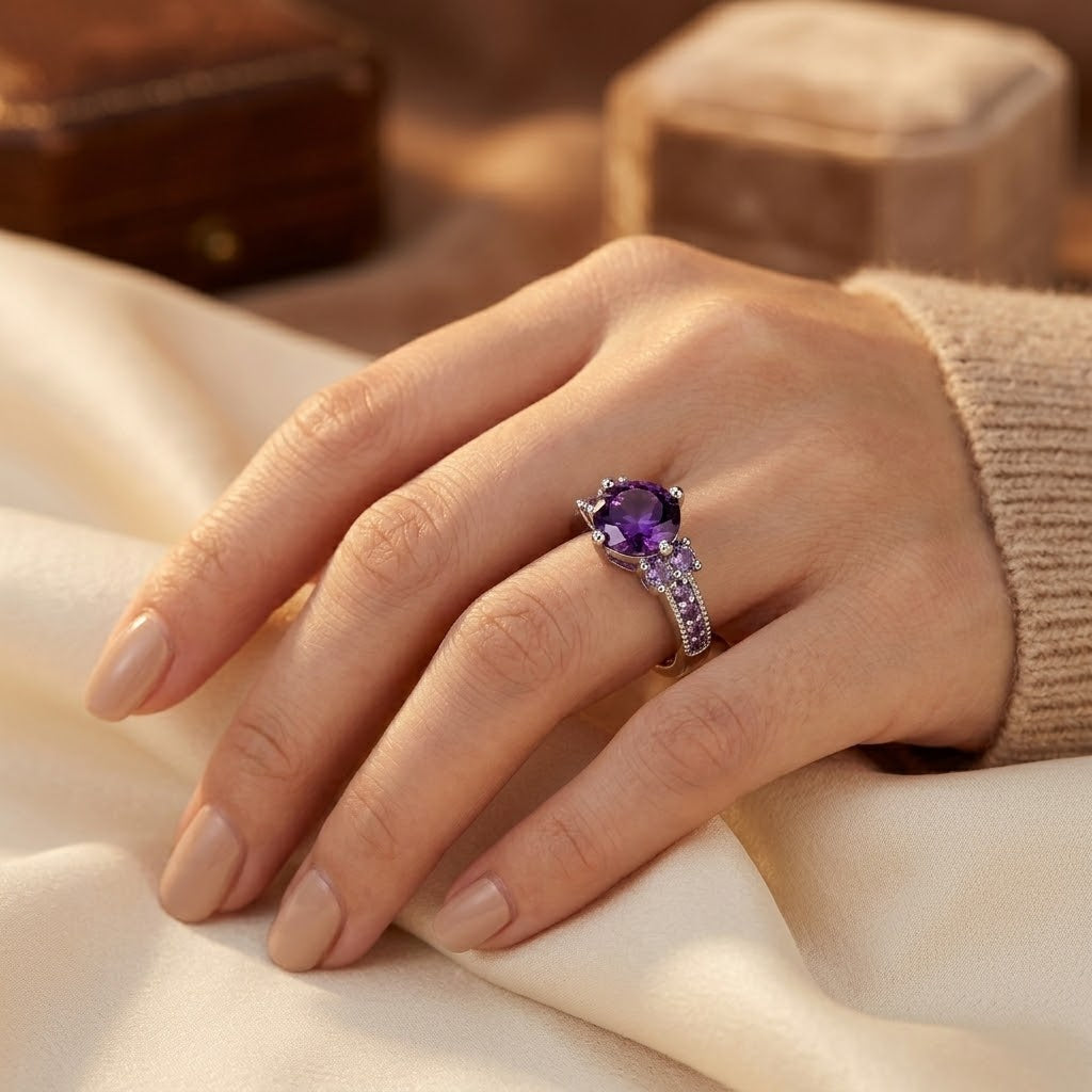 Silver Amethyst Side-Stone Ring