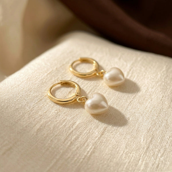 Gold Heart Pearl Drop Earrings