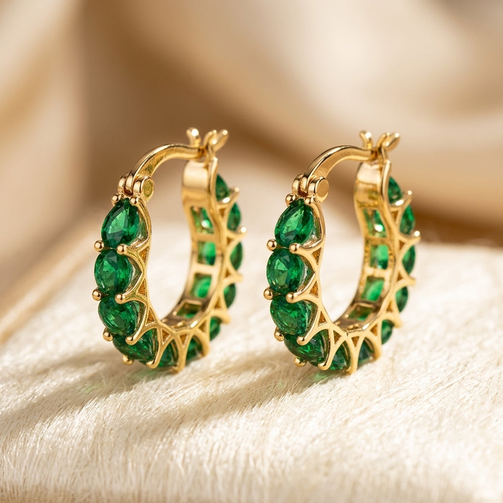 Gold Emerald Lattice Hoop Earrings