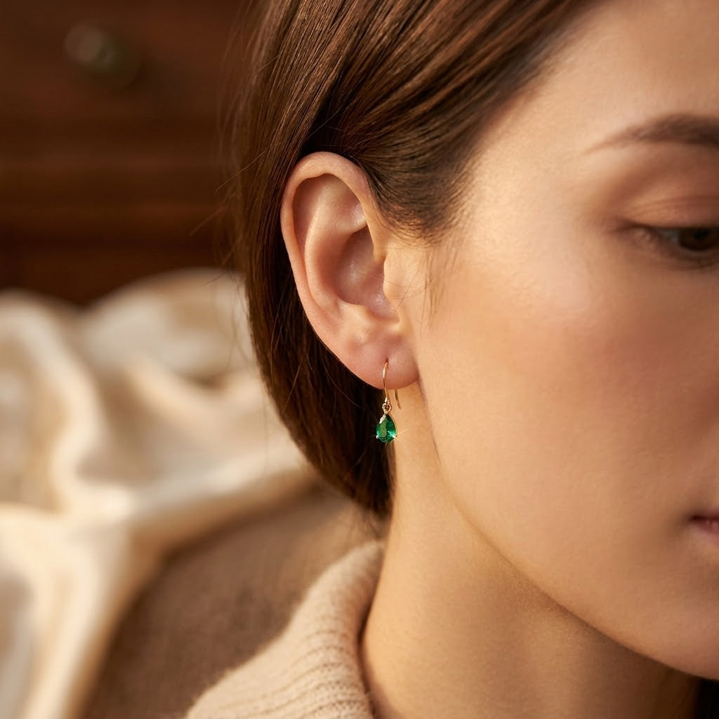 Gold Emerald Teardrop Drop Earrings