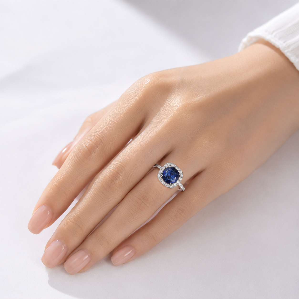 BLUE SAPPHIRE CUSHION HALO RING