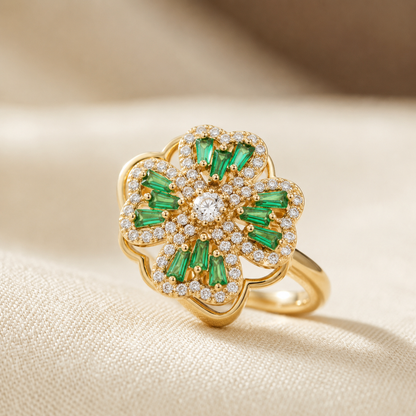 Gold Emerald Floral Ring