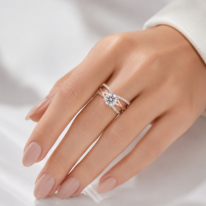 ROSE GOLD ROUND DIAMOND CROSSOVER RING