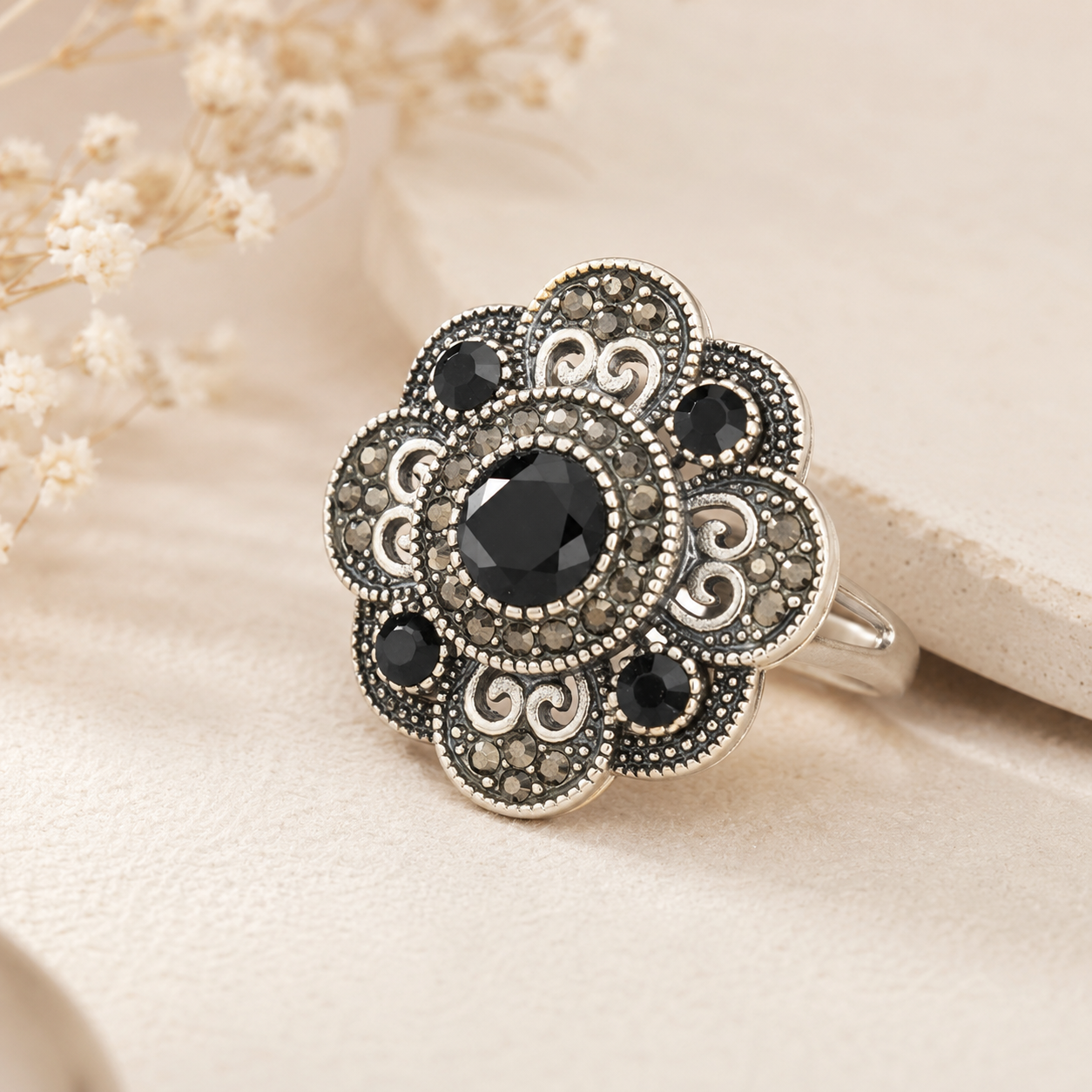 SILVER DIAMOND FLOWER BURST RING