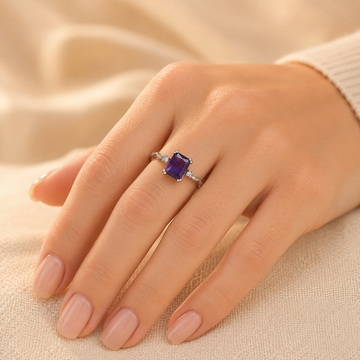 Silver Amethyst Emerald-Cut Ring