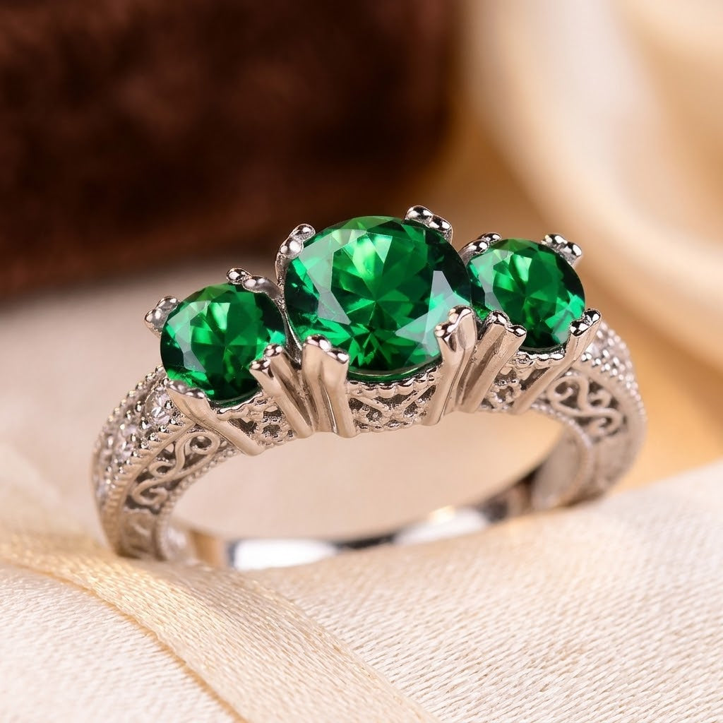 Silver Emerald Three-Stone Ring