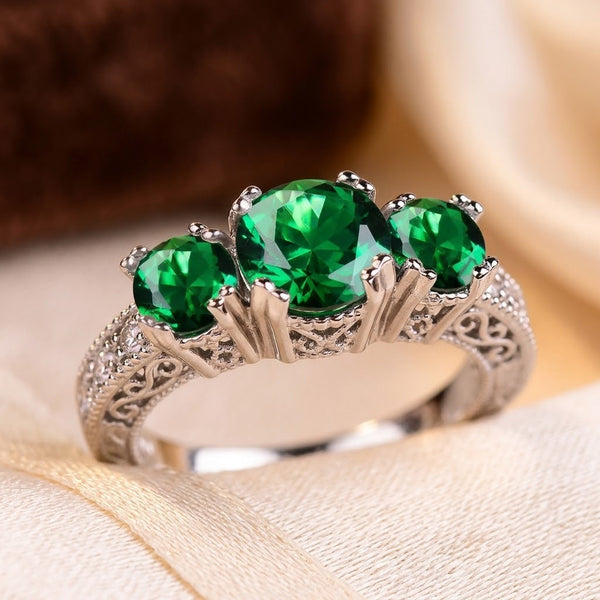 Silver Emerald Three-Stone Ring