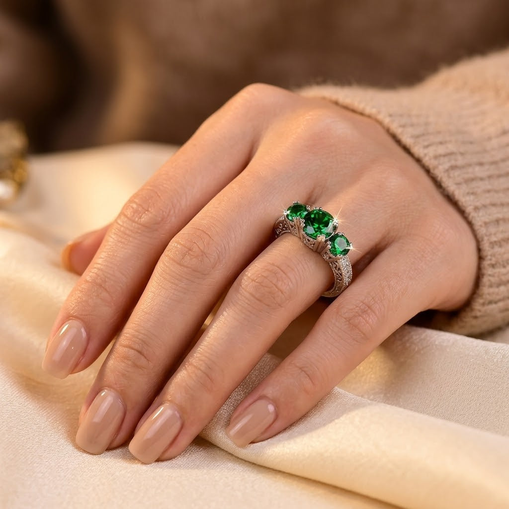 Silver Emerald Three-Stone Ring