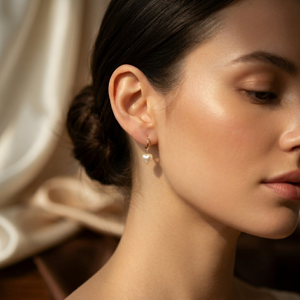 Gold Heart Pearl Drop Earrings