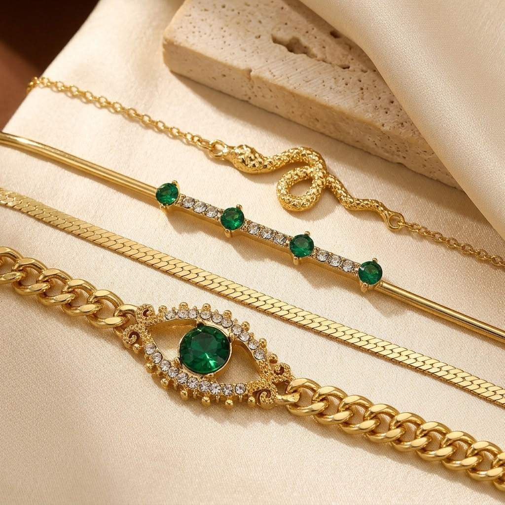 Gold Emerald Charm Bracelet Set