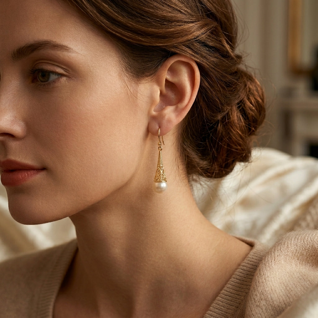 Gold Filigree Pearl Drop Earrings