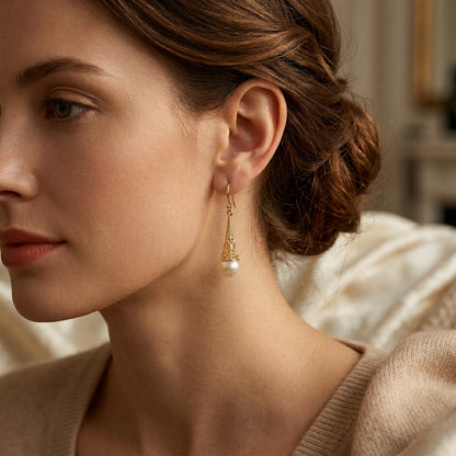 Gold Filigree Pearl Drop Earrings