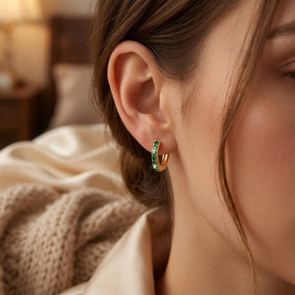 Gold Emerald Hoop Earrings