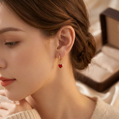 Gold Ruby Heart Drop Earrings