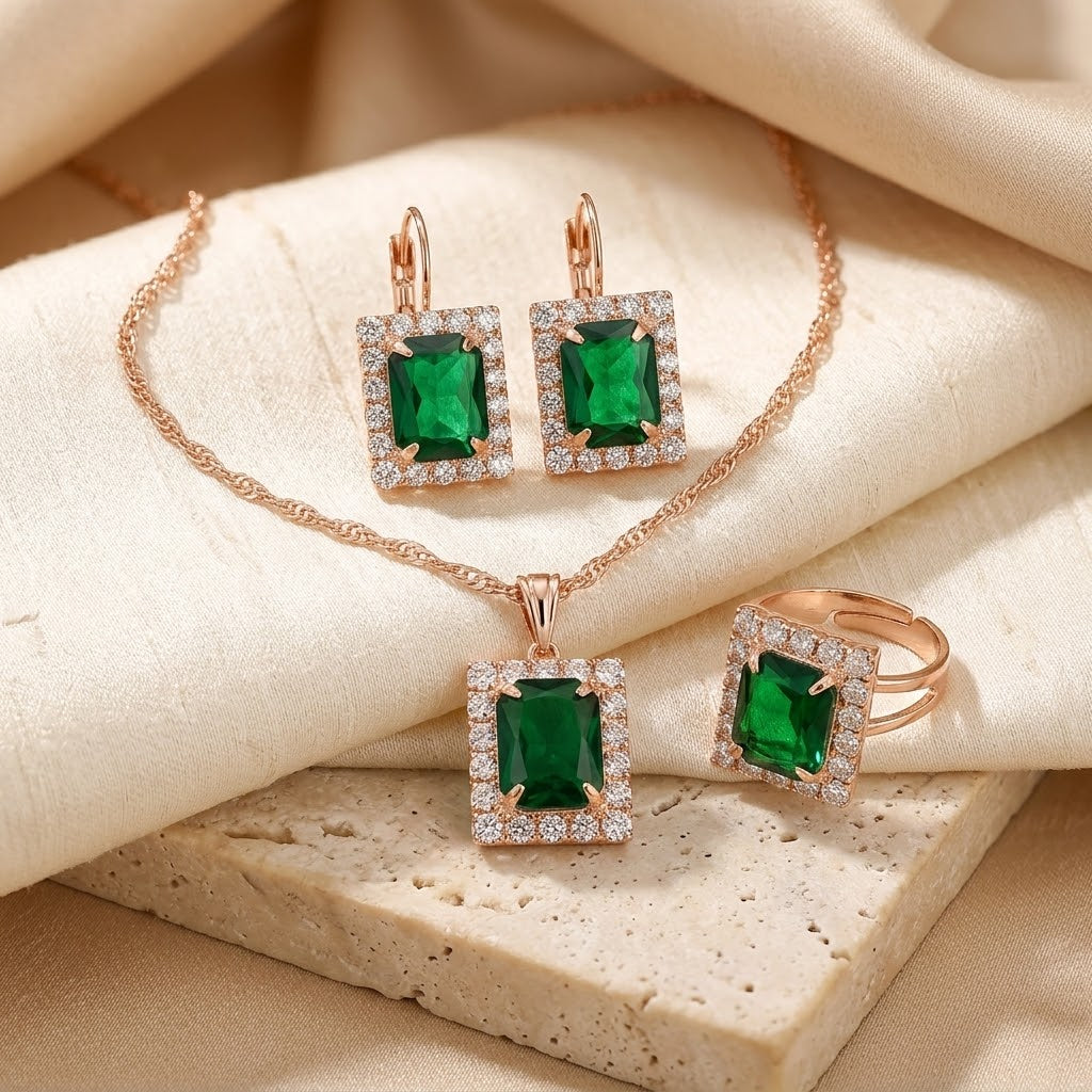 Gold Emerald Rectangular Jewelry Set