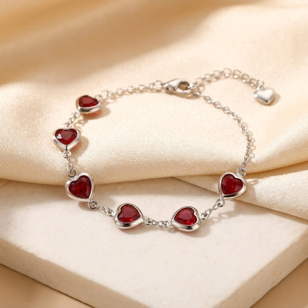 Silver Ruby Heart Chain Bracelet
