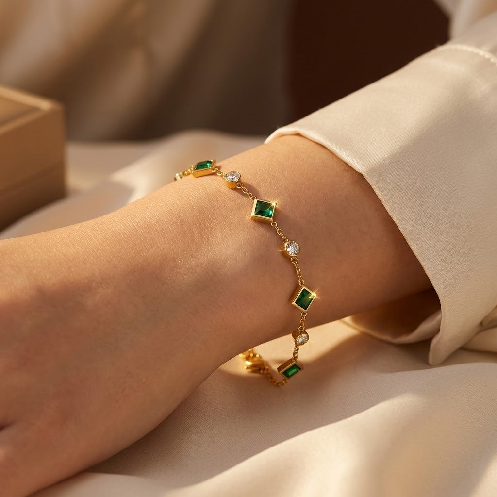 Gold Emerald Station Bracelet