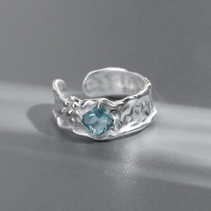 SILVER AQUAMARINE TEXTURED RING - (ADJUSTABLE)