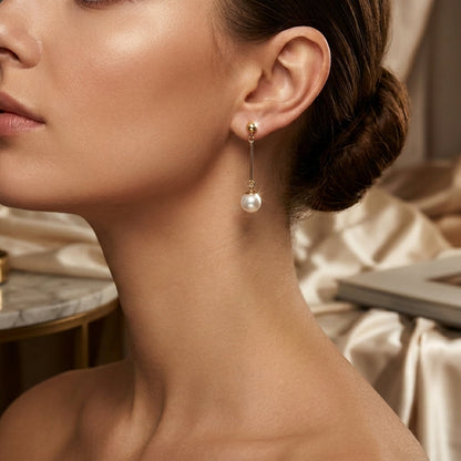 Gold Long Pearl Drop Earrings