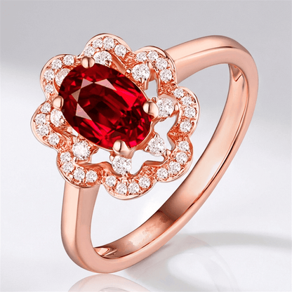 RED RUBY ROSE GOLD HALO RING