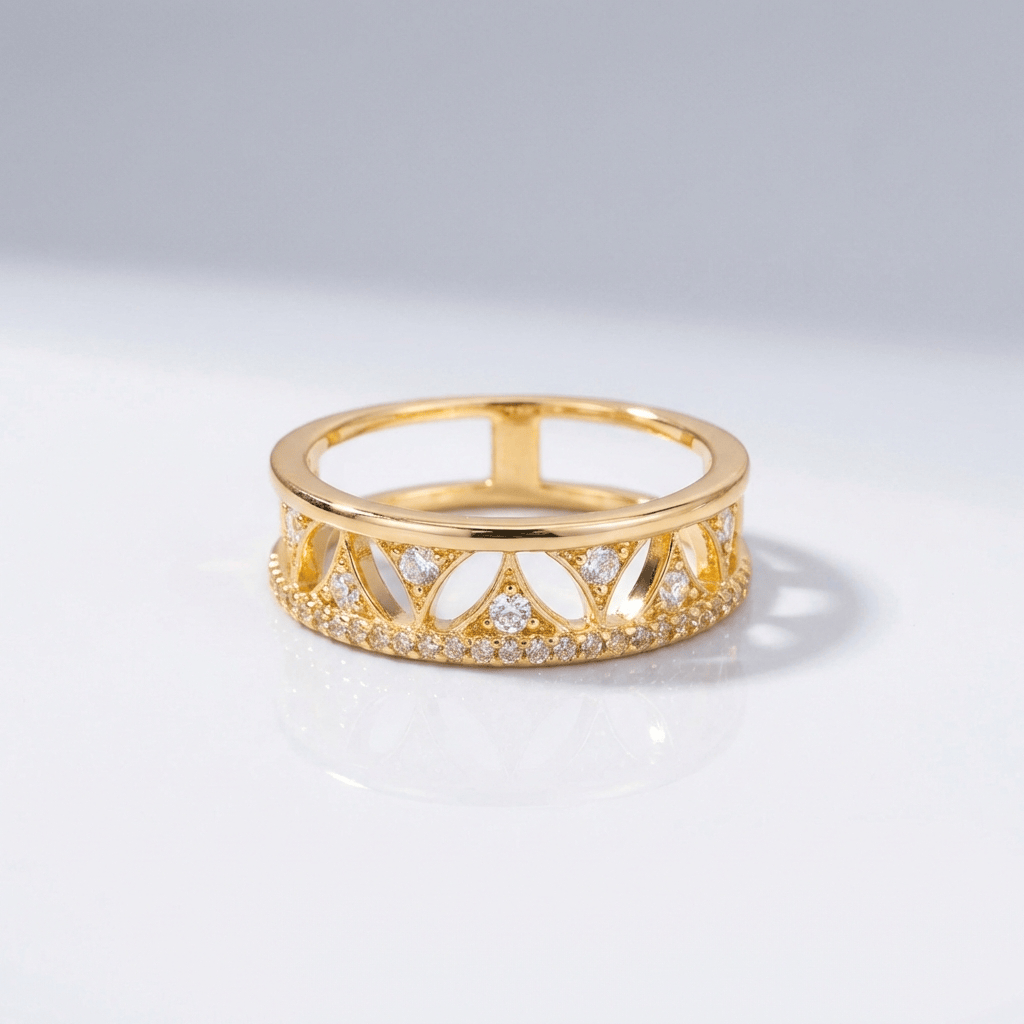 CRYSTAL CROWN GOLD BAND RING - (ADJUSTABLE)