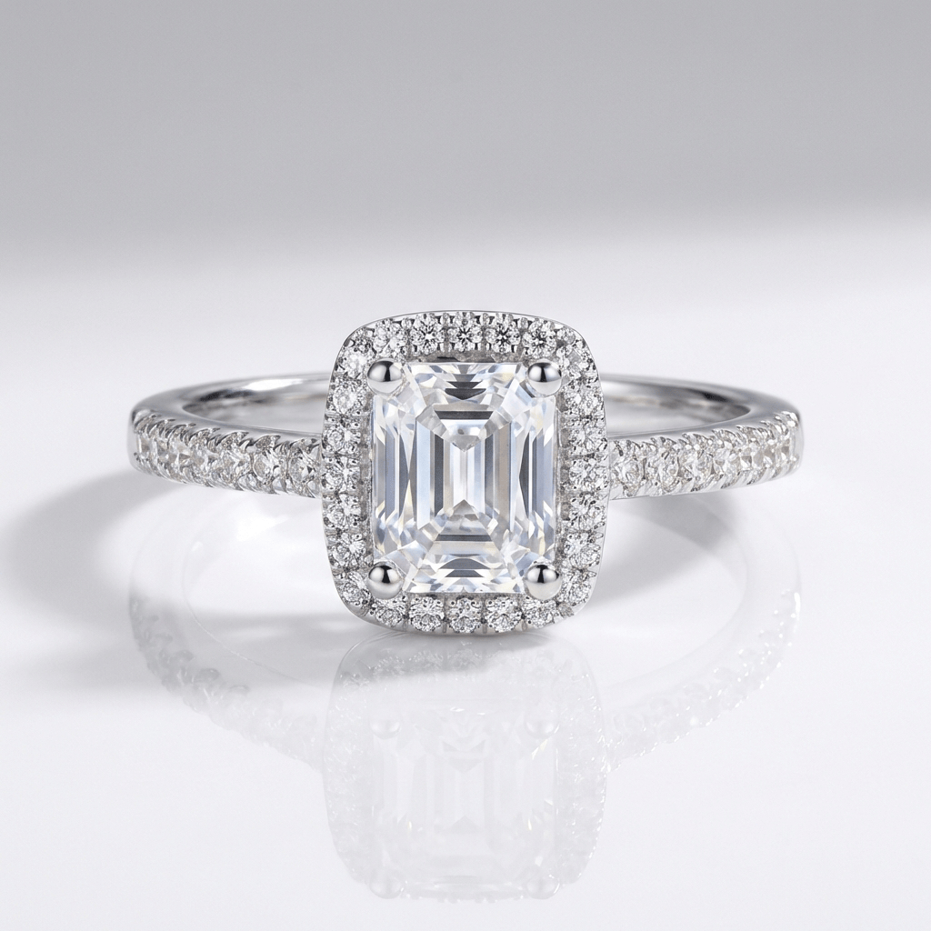 EMERALD CUT ZIRCONIA SILVER HALO RING