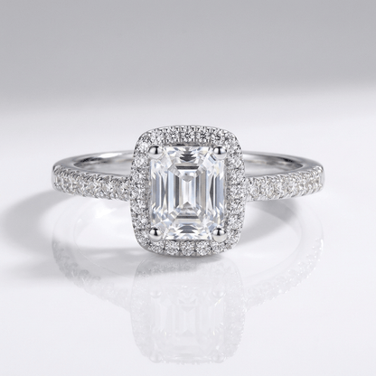 EMERALD CUT ZIRCONIA SILVER HALO RING