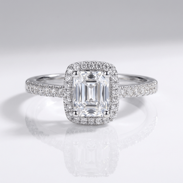 EMERALD CUT ZIRCONIA SILVER HALO RING
